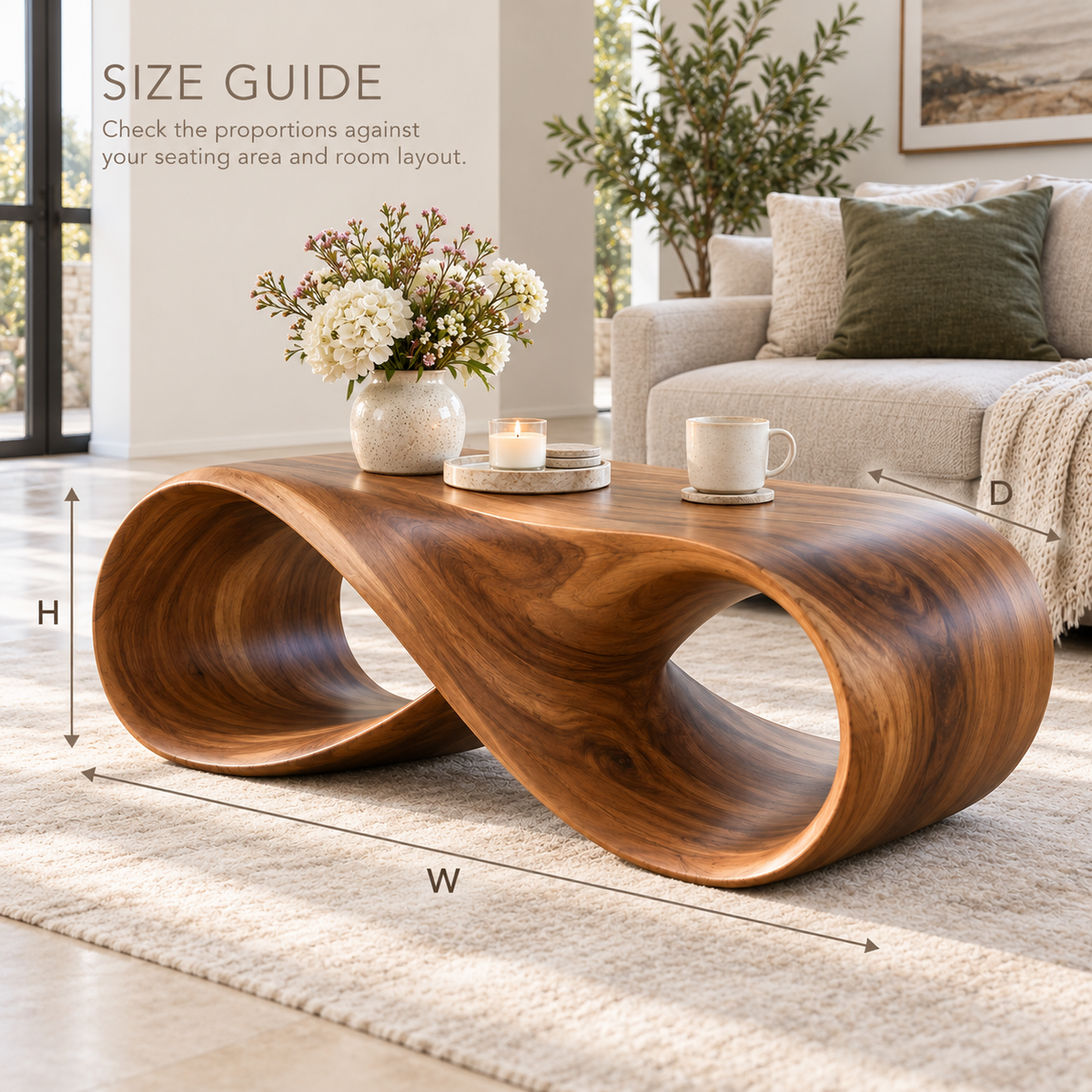 Elara Sculptural Solid Wood Coffee Table - Design 340 - product detail and styling view 7
