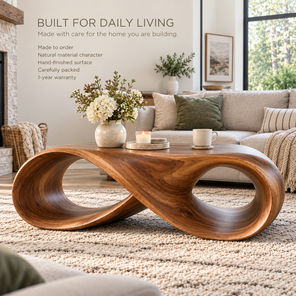 Elara Sculptural Solid Wood Coffee Table - Design 340 - product detail and styling view 8