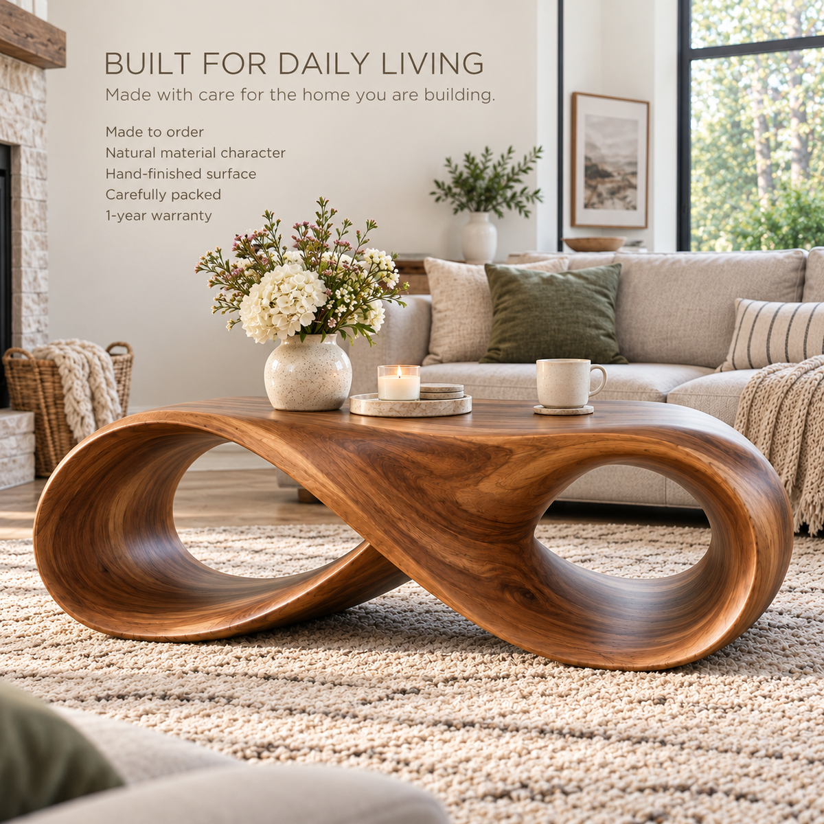 Elara Sculptural Solid Wood Coffee Table - Design 340 - product detail and styling view 8