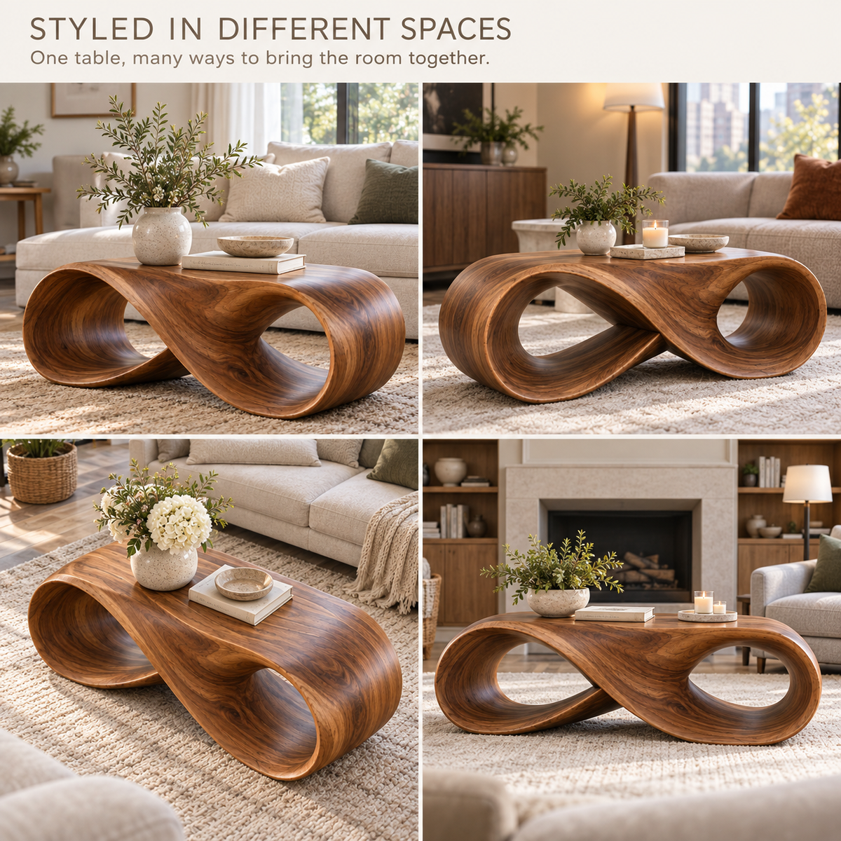 Elara Sculptural Solid Wood Coffee Table - Design 340 - product detail and styling view 9