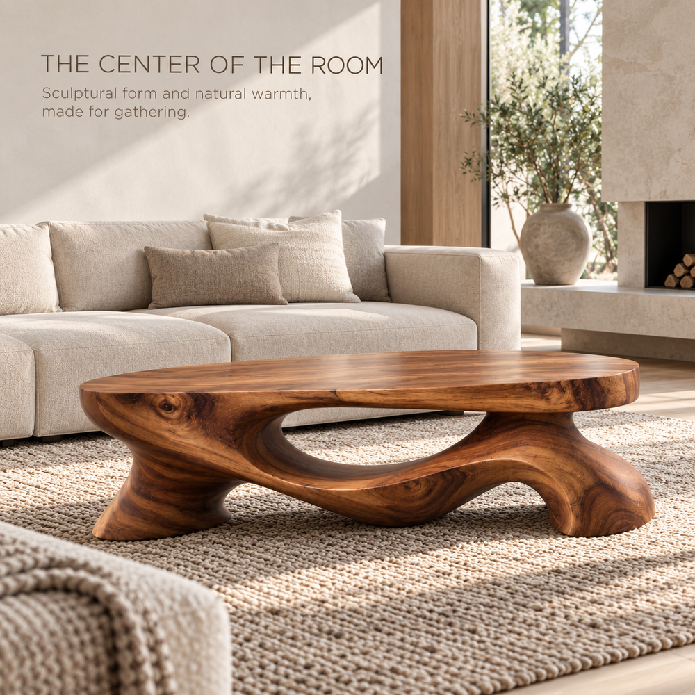 Veyra Sculptural Solid Wood Coffee Table - Design 341 - main lifestyle view