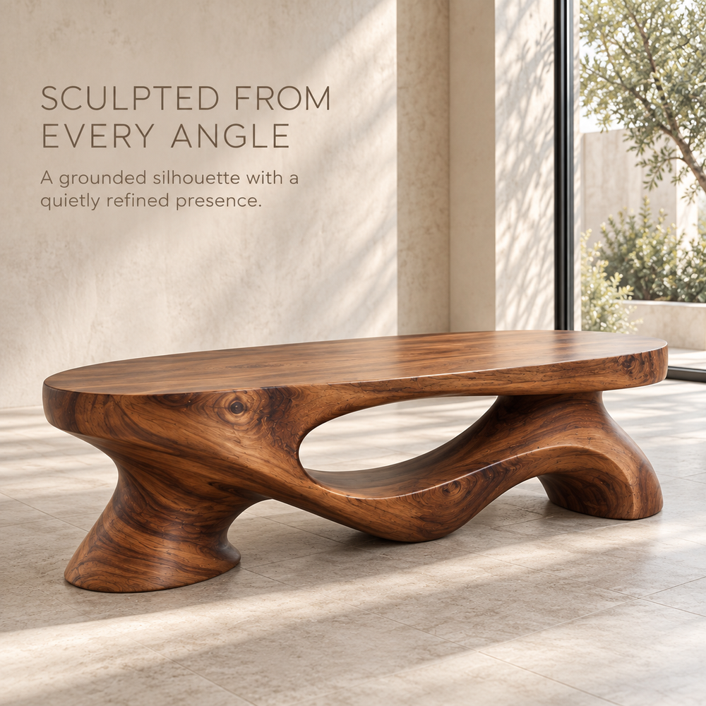 Veyra Sculptural Solid Wood Coffee Table - Design 341 - product detail and styling view 2