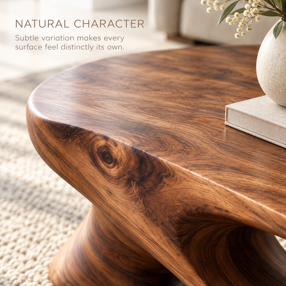 Veyra Sculptural Solid Wood Coffee Table - Design 341 - product detail and styling view 4
