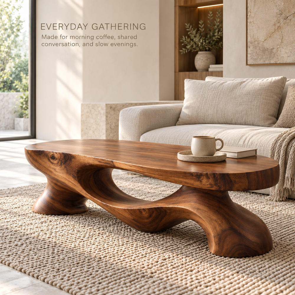 Veyra Sculptural Solid Wood Coffee Table - Design 341 - product detail and styling view 6