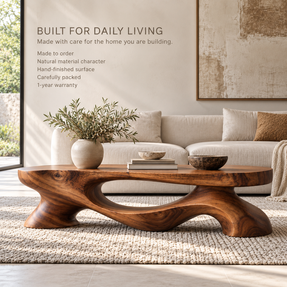 Veyra Sculptural Solid Wood Coffee Table - Design 341 - product detail and styling view 8