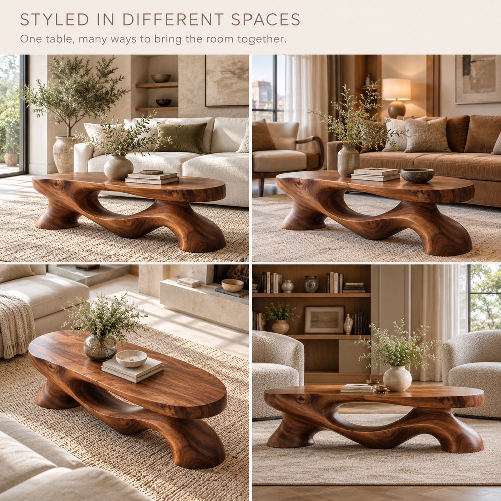 Veyra Sculptural Solid Wood Coffee Table - Design 341 - product detail and styling view 9