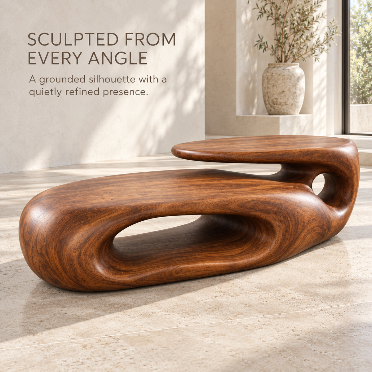 Soren Sculptural Solid Wood Coffee Table - Design 342 - product detail and styling view 2