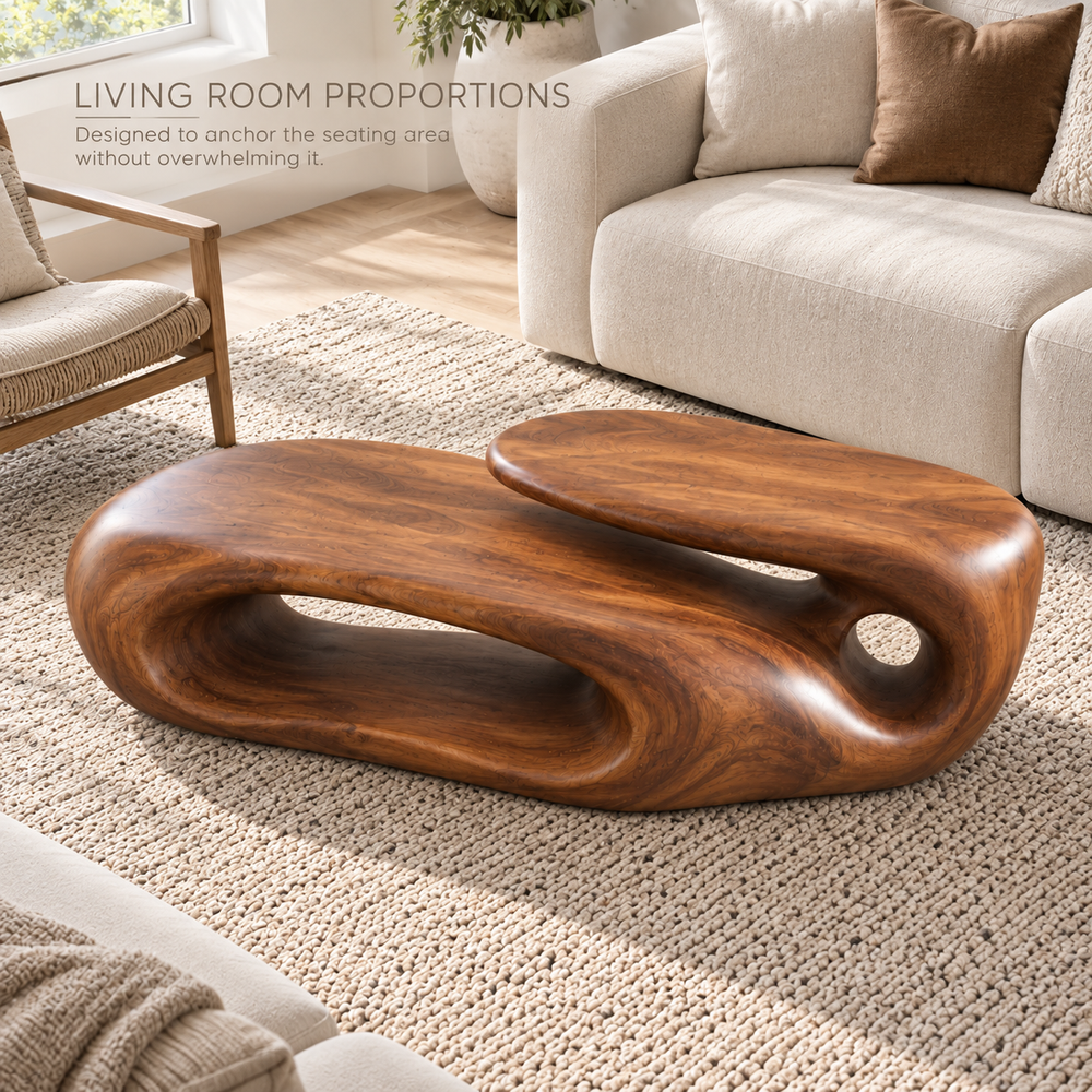 Soren Sculptural Solid Wood Coffee Table - Design 342 - product detail and styling view 3