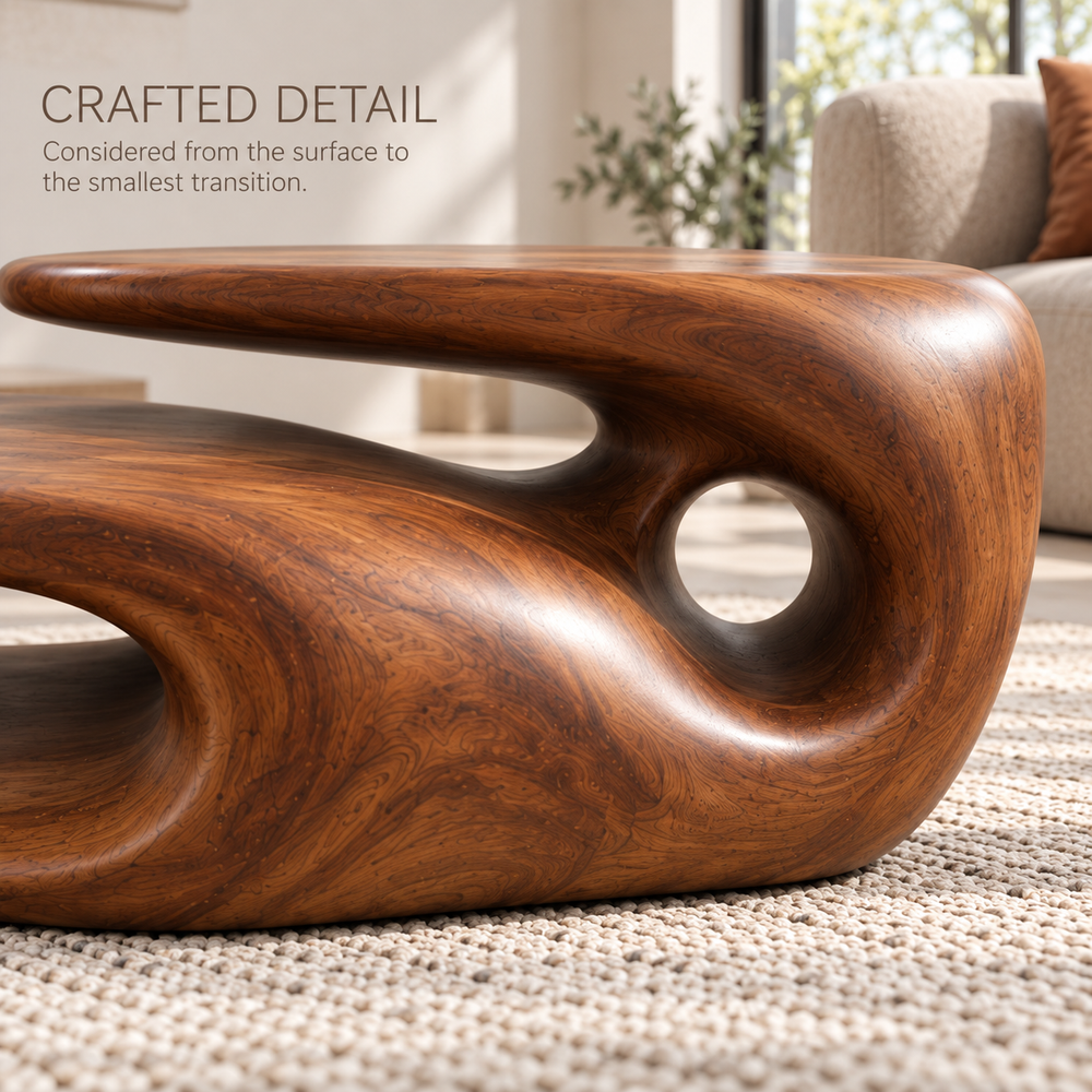 Soren Sculptural Solid Wood Coffee Table - Design 342 - product detail and styling view 5