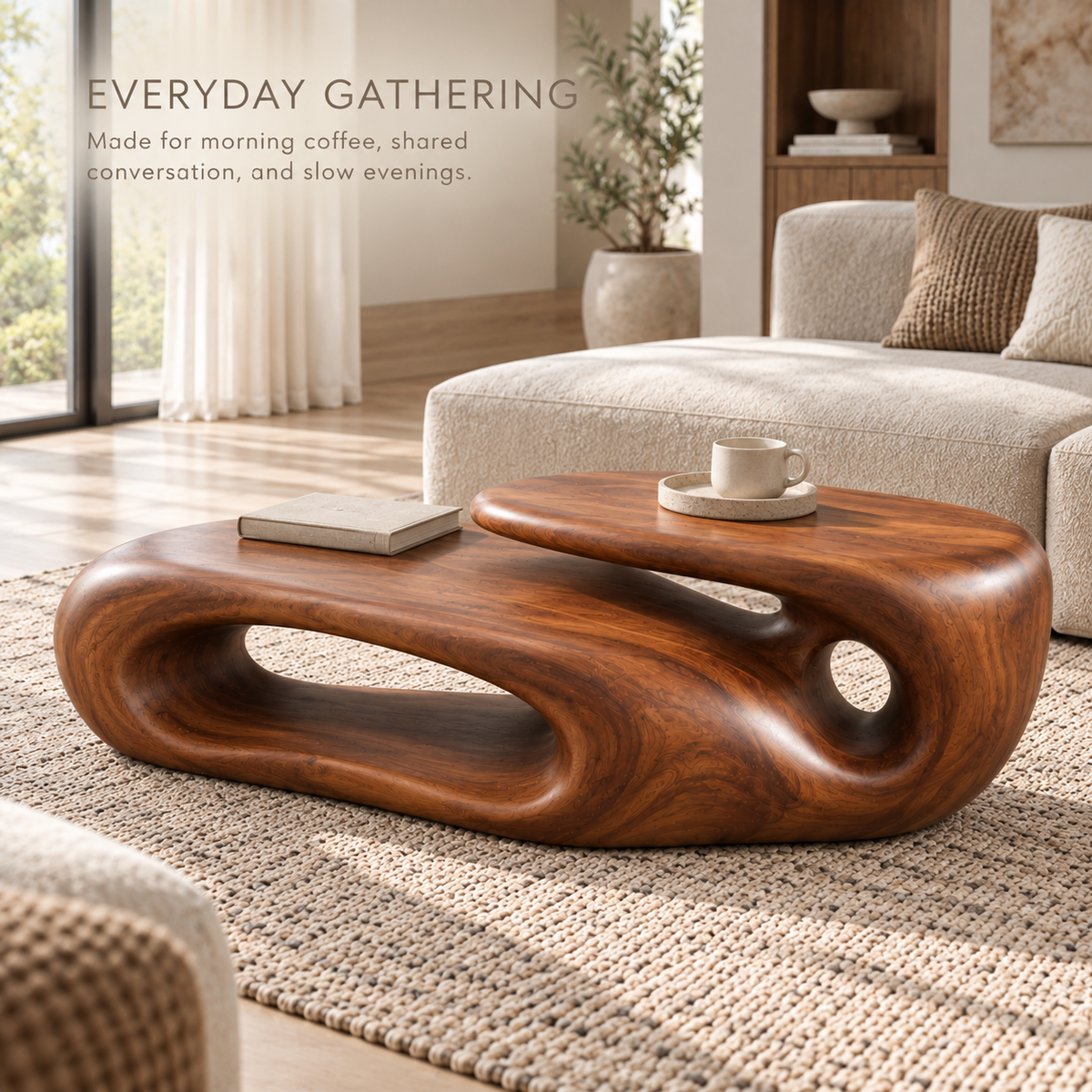 Soren Sculptural Solid Wood Coffee Table - Design 342 - product detail and styling view 6