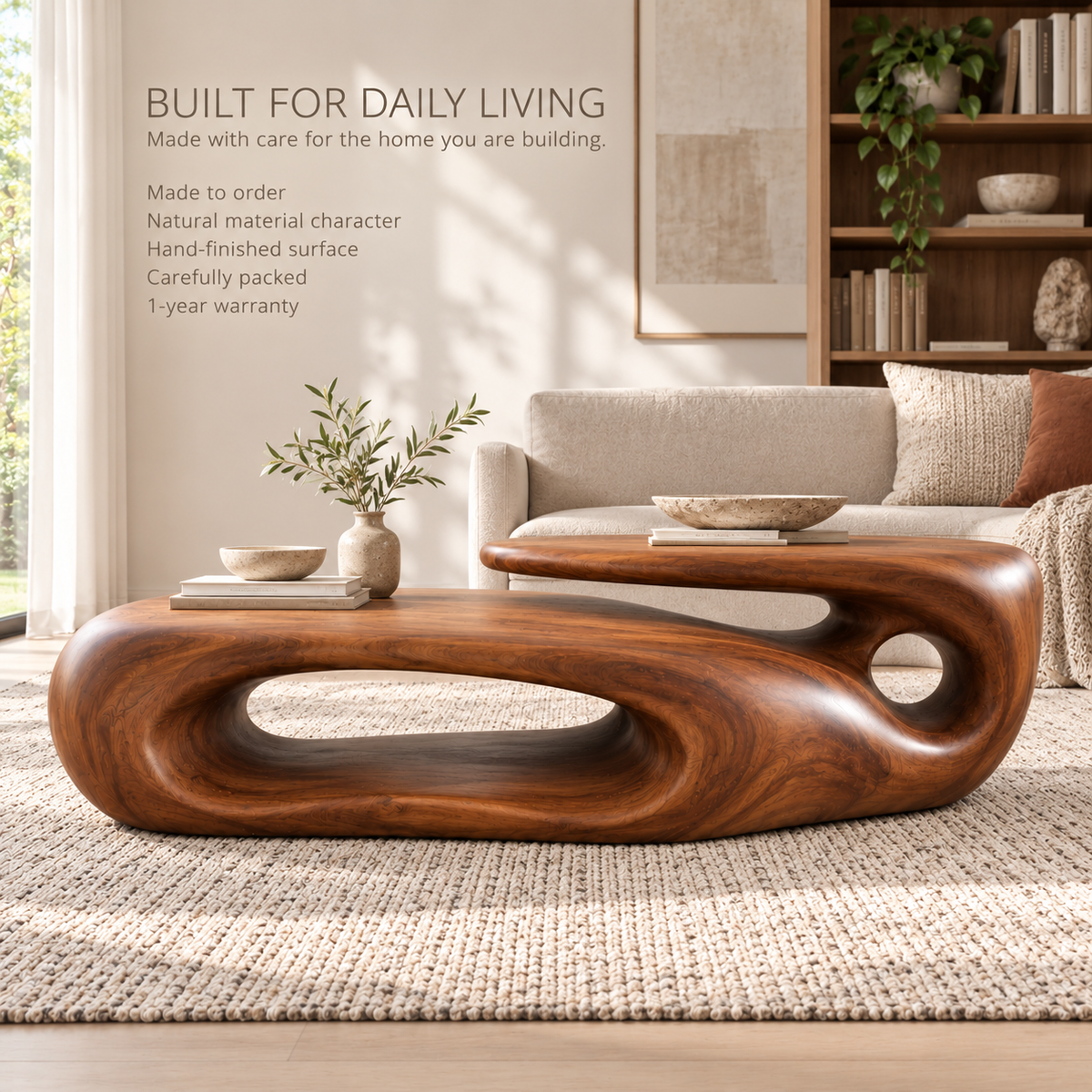 Soren Sculptural Solid Wood Coffee Table - Design 342 - product detail and styling view 8