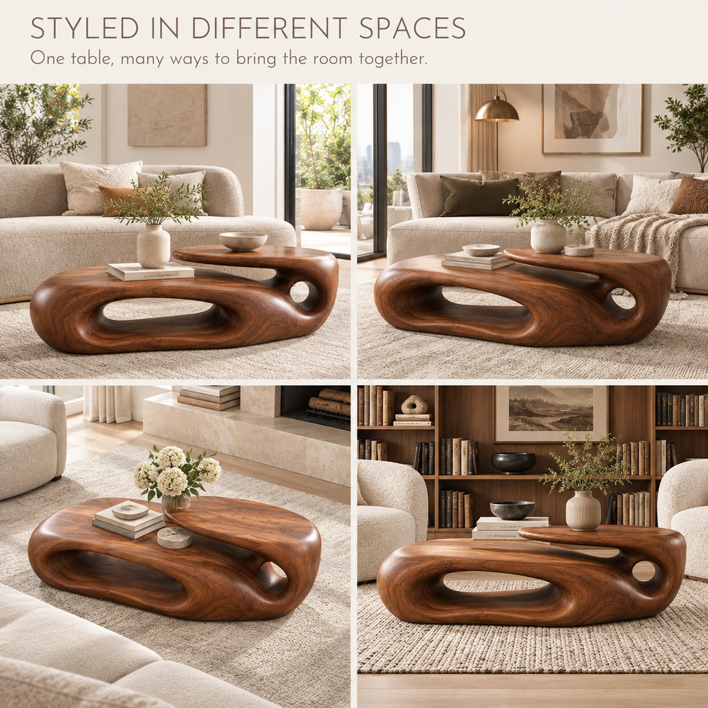 Soren Sculptural Solid Wood Coffee Table - Design 342 - product detail and styling view 9