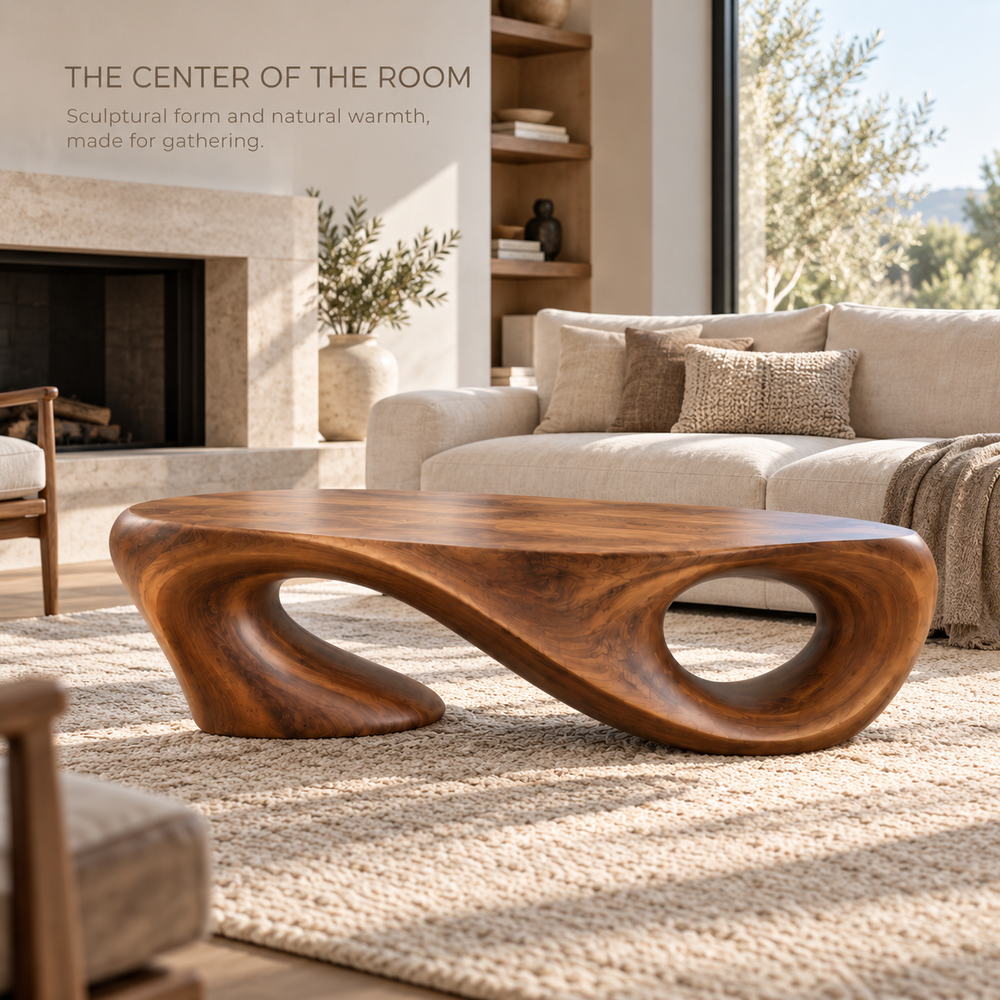 Liora Sculptural Solid Wood Coffee Table - Design 343 - main lifestyle view