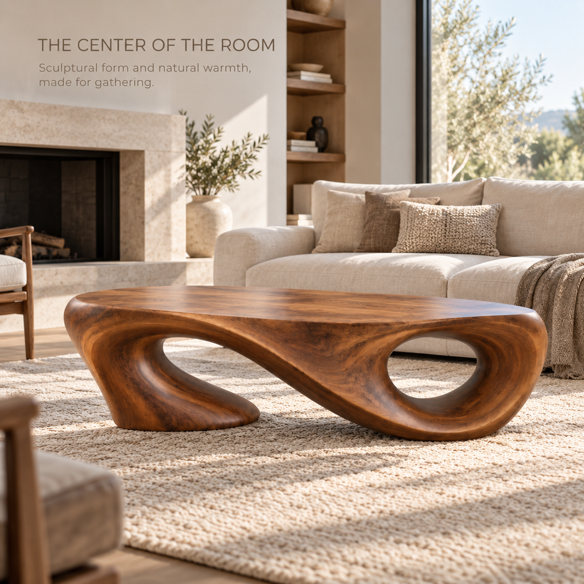 Liora Sculptural Solid Wood Coffee Table - Design 343 - main lifestyle view