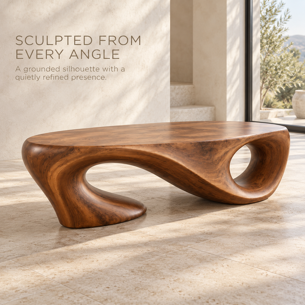 Liora Sculptural Solid Wood Coffee Table - Design 343 - product detail and styling view 2