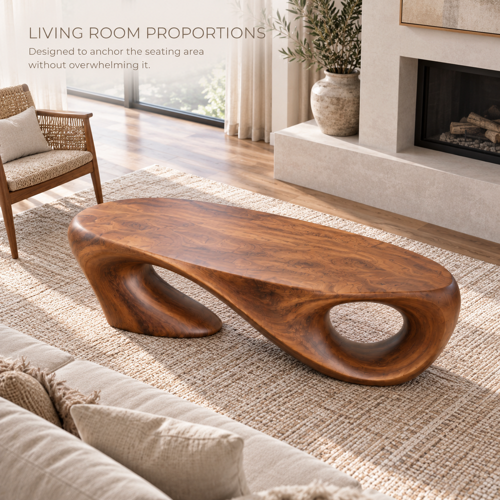 Liora Sculptural Solid Wood Coffee Table - Design 343 - product detail and styling view 3