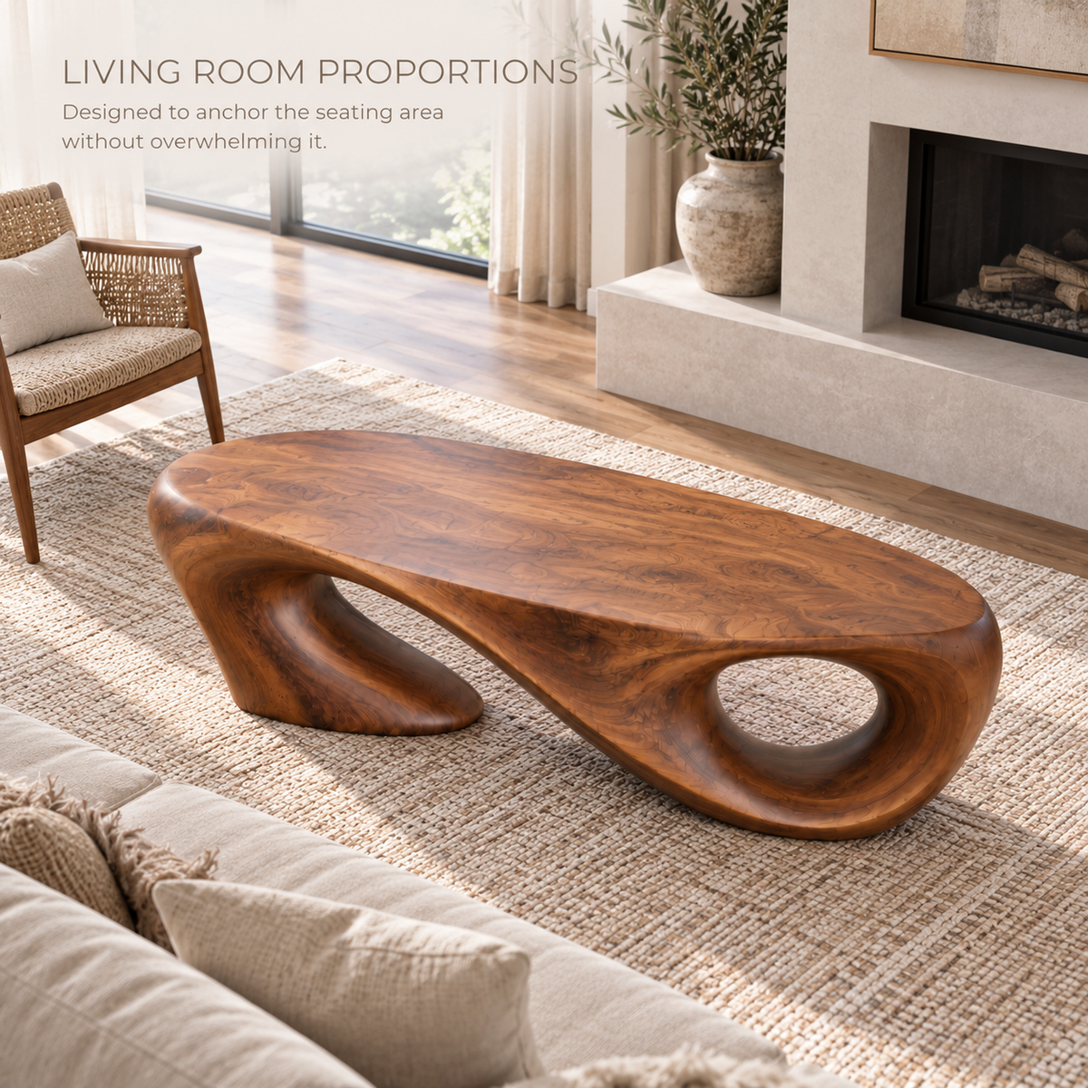 Liora Sculptural Solid Wood Coffee Table - Design 343 - product detail and styling view 3