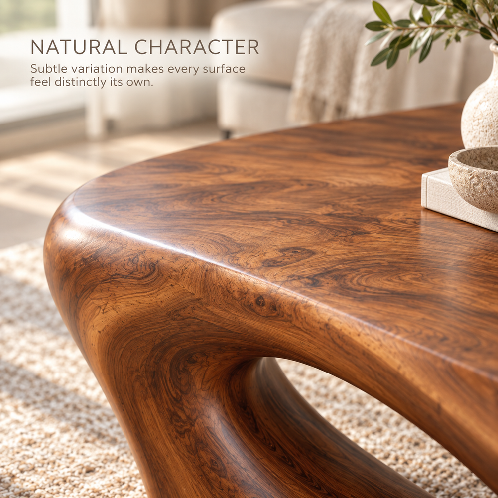 Liora Sculptural Solid Wood Coffee Table - Design 343 - product detail and styling view 4