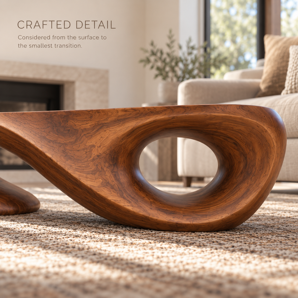 Liora Sculptural Solid Wood Coffee Table - Design 343 - product detail and styling view 5
