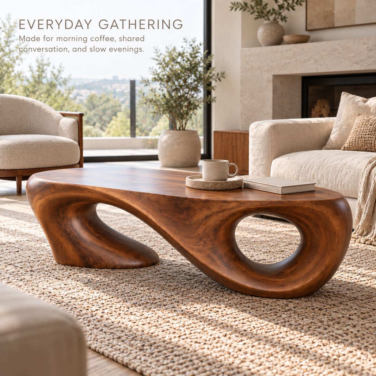 Liora Sculptural Solid Wood Coffee Table - Design 343 - product detail and styling view 6