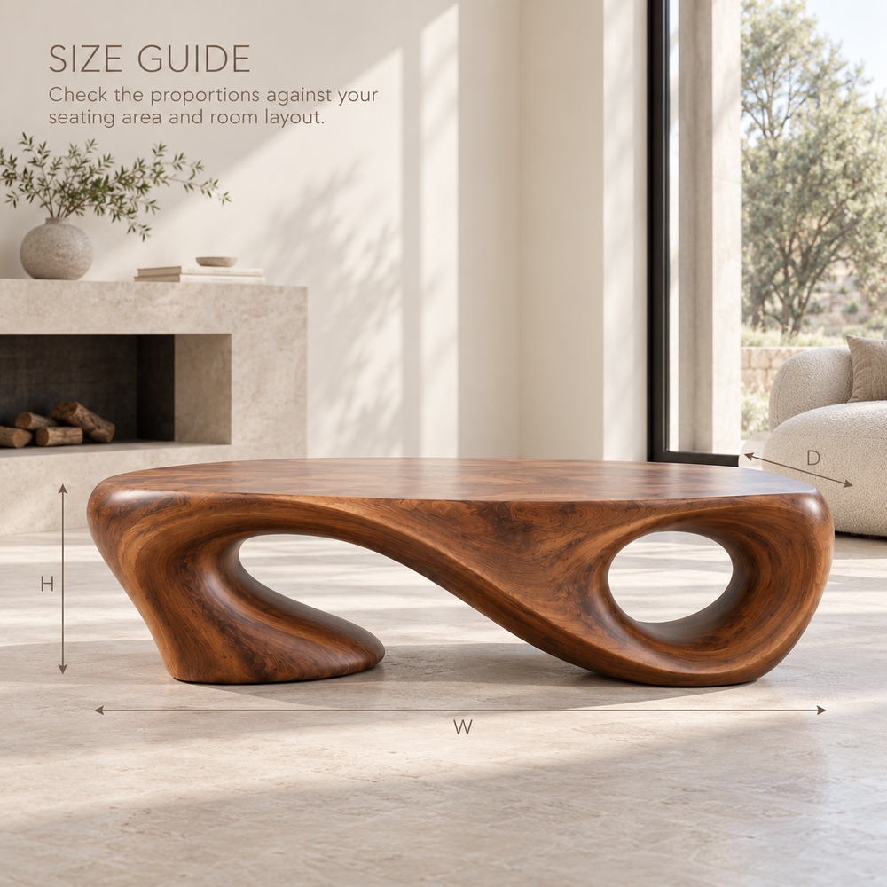 Liora Sculptural Solid Wood Coffee Table - Design 343 - product detail and styling view 7