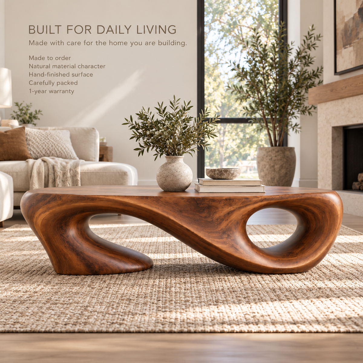 Liora Sculptural Solid Wood Coffee Table - Design 343 - product detail and styling view 8
