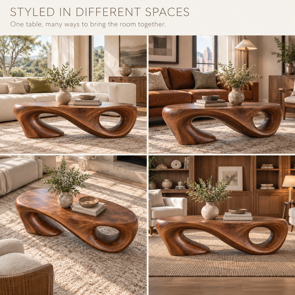 Liora Sculptural Solid Wood Coffee Table - Design 343 - product detail and styling view 9