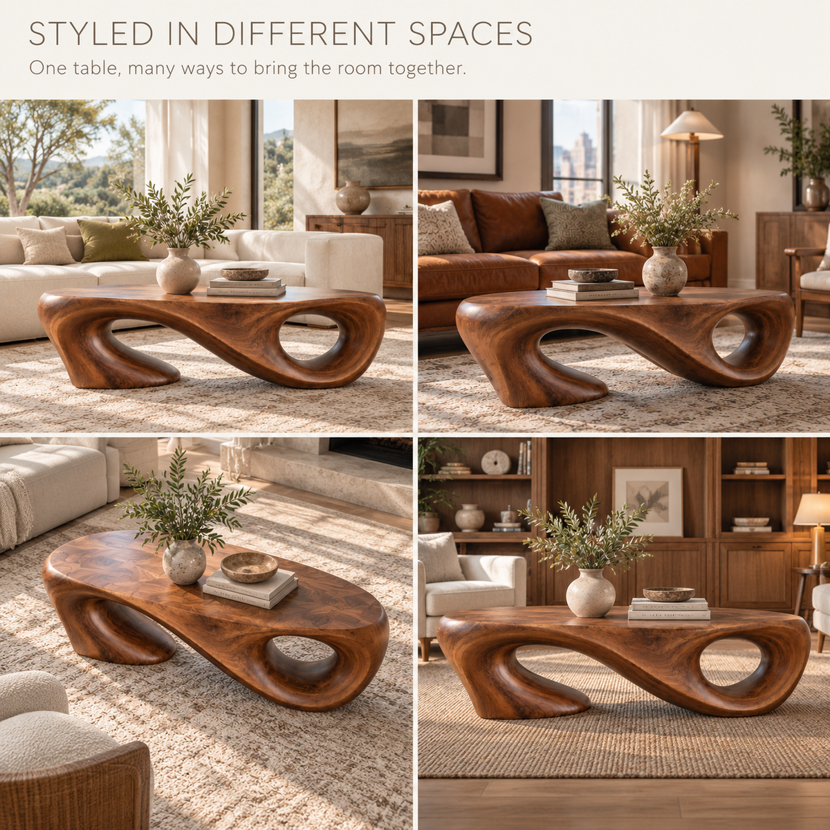 Liora Sculptural Solid Wood Coffee Table - Design 343 - product detail and styling view 9