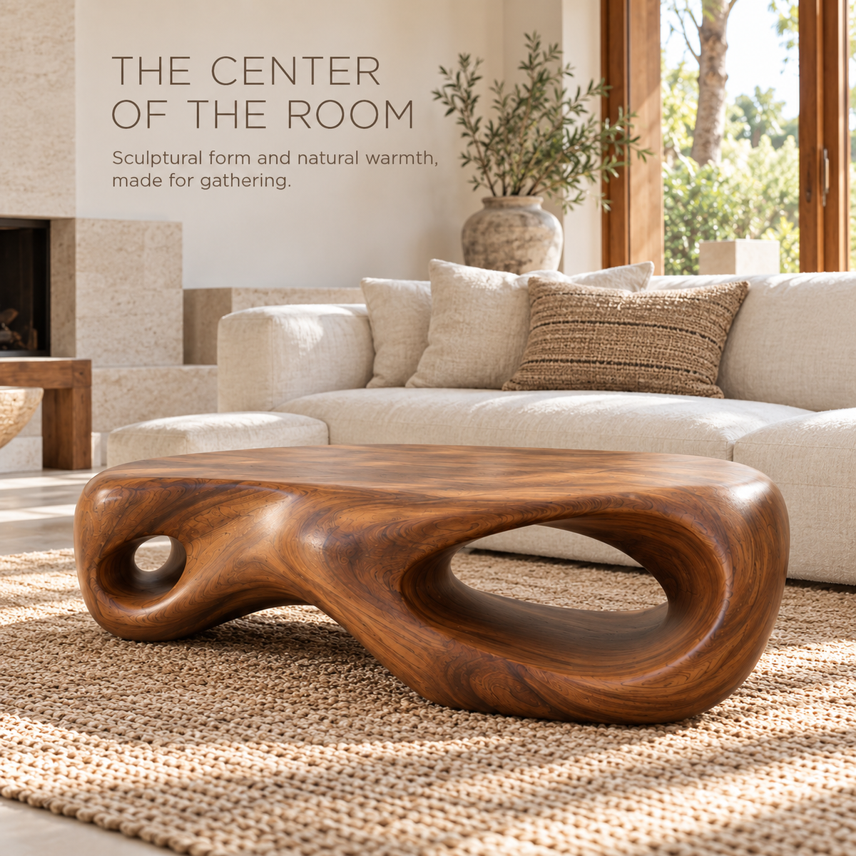 Nolan Sculptural Solid Wood Coffee Table - Design 344 - main lifestyle view
