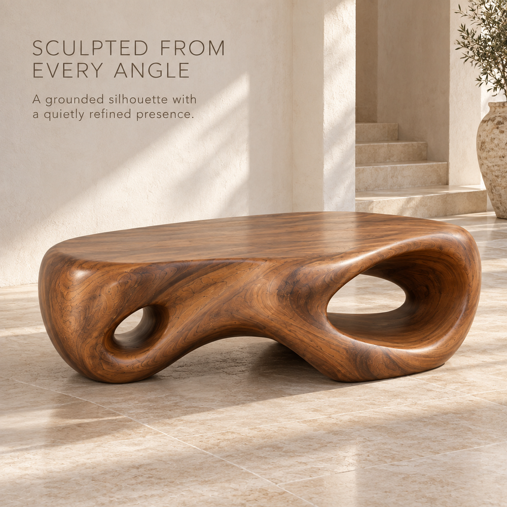 Nolan Sculptural Solid Wood Coffee Table - Design 344 - product detail and styling view 2