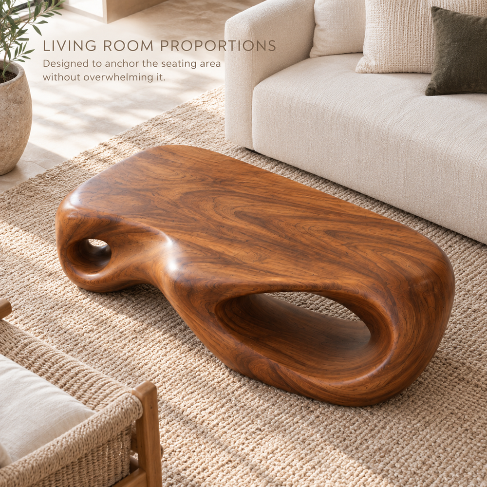 Nolan Sculptural Solid Wood Coffee Table - Design 344 - product detail and styling view 3