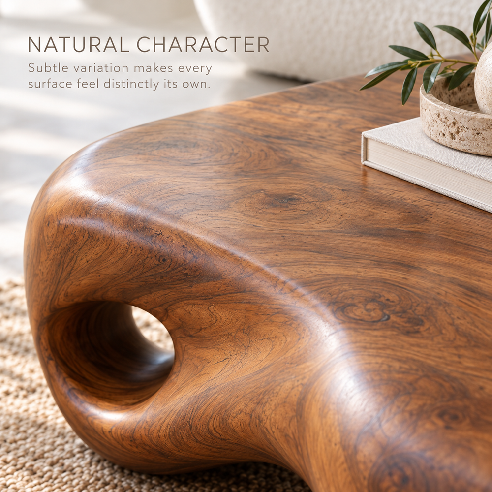 Nolan Sculptural Solid Wood Coffee Table - Design 344 - product detail and styling view 4