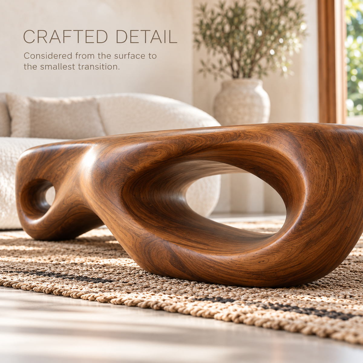 Nolan Sculptural Solid Wood Coffee Table - Design 344 - product detail and styling view 5