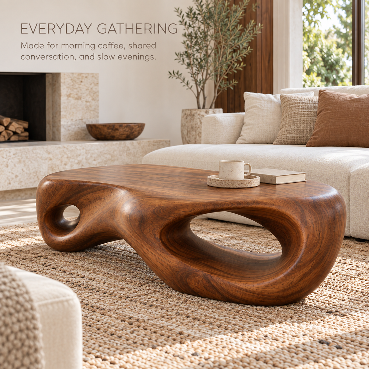 Nolan Sculptural Solid Wood Coffee Table - Design 344 - product detail and styling view 6