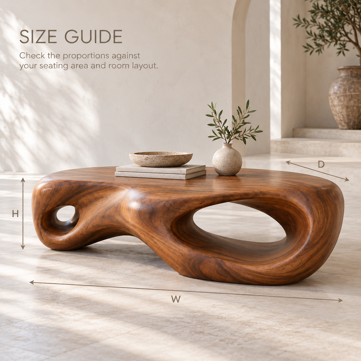 Nolan Sculptural Solid Wood Coffee Table - Design 344 - product detail and styling view 7