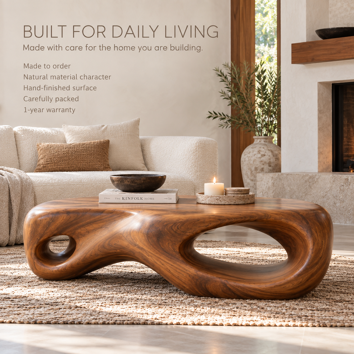 Nolan Sculptural Solid Wood Coffee Table - Design 344 - product detail and styling view 8