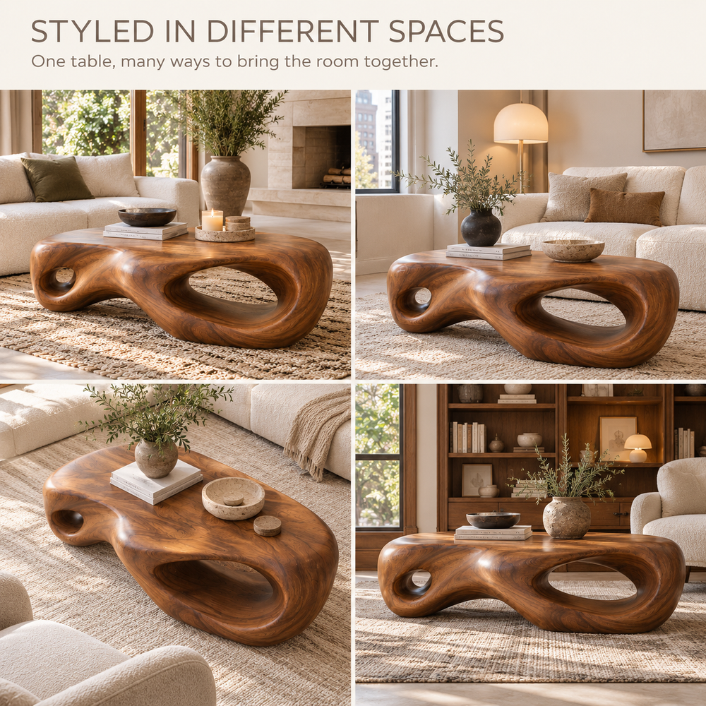 Nolan Sculptural Solid Wood Coffee Table - Design 344 - product detail and styling view 9
