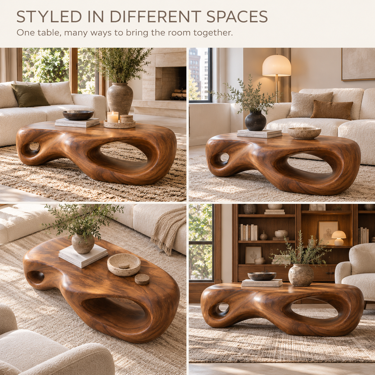 Nolan Sculptural Solid Wood Coffee Table - Design 344 - product detail and styling view 9