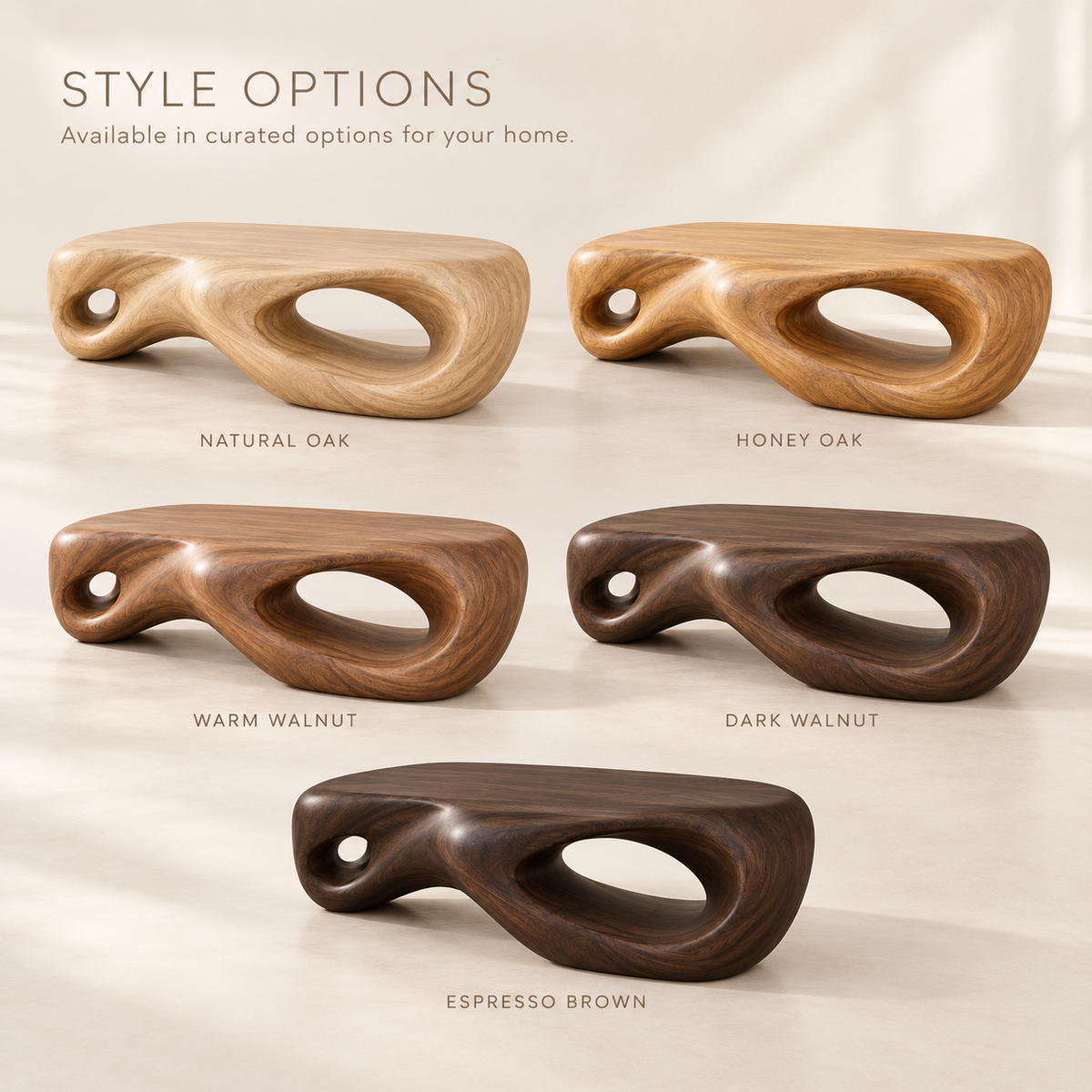 Nolan Sculptural Solid Wood Coffee Table - Design 344 - product detail and styling view 10