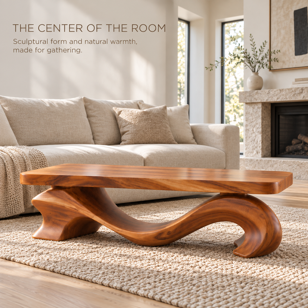 Brielle Sculptural Solid Wood Coffee Table - Design 345 - main lifestyle view