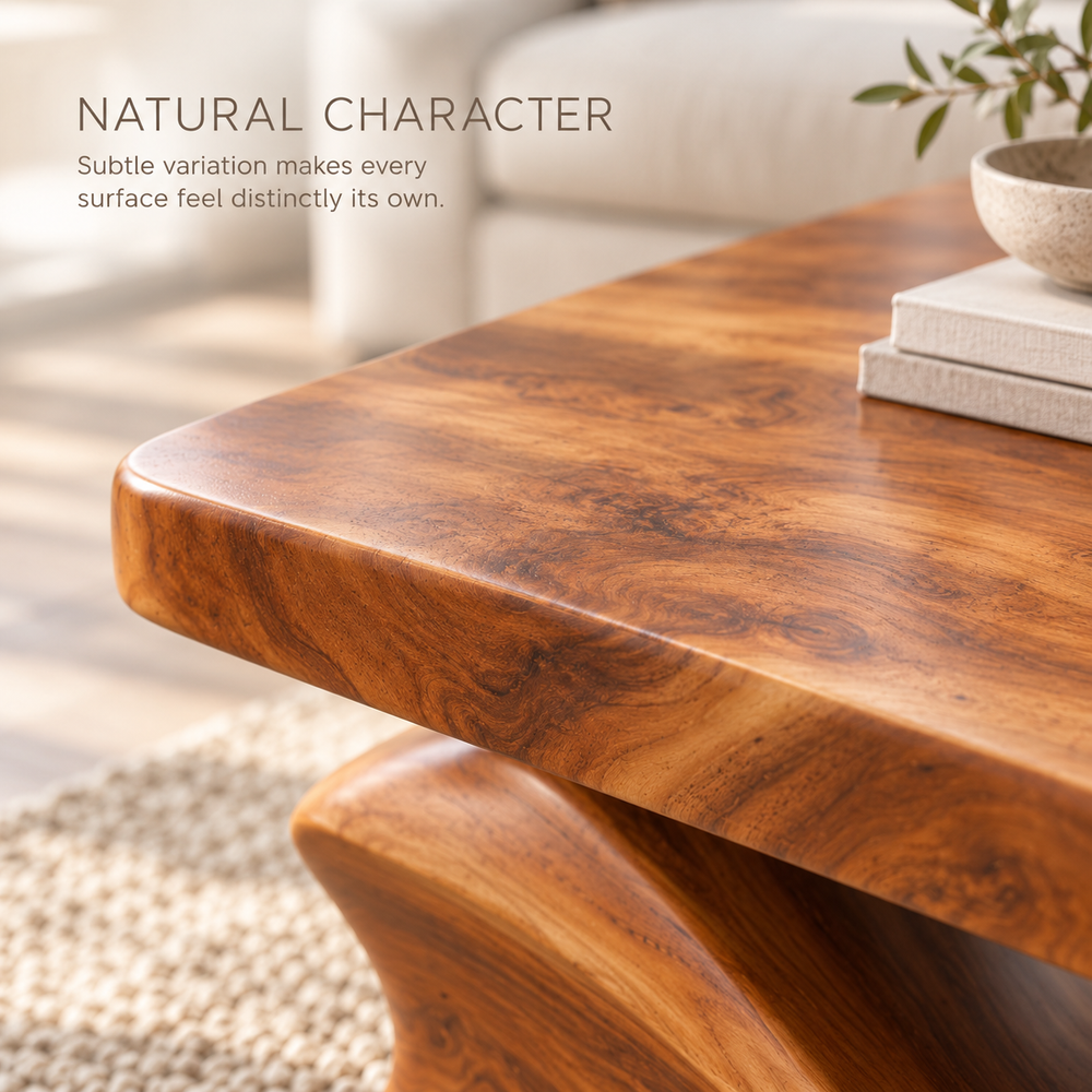 Brielle Sculptural Solid Wood Coffee Table - Design 345 - product detail and styling view 4