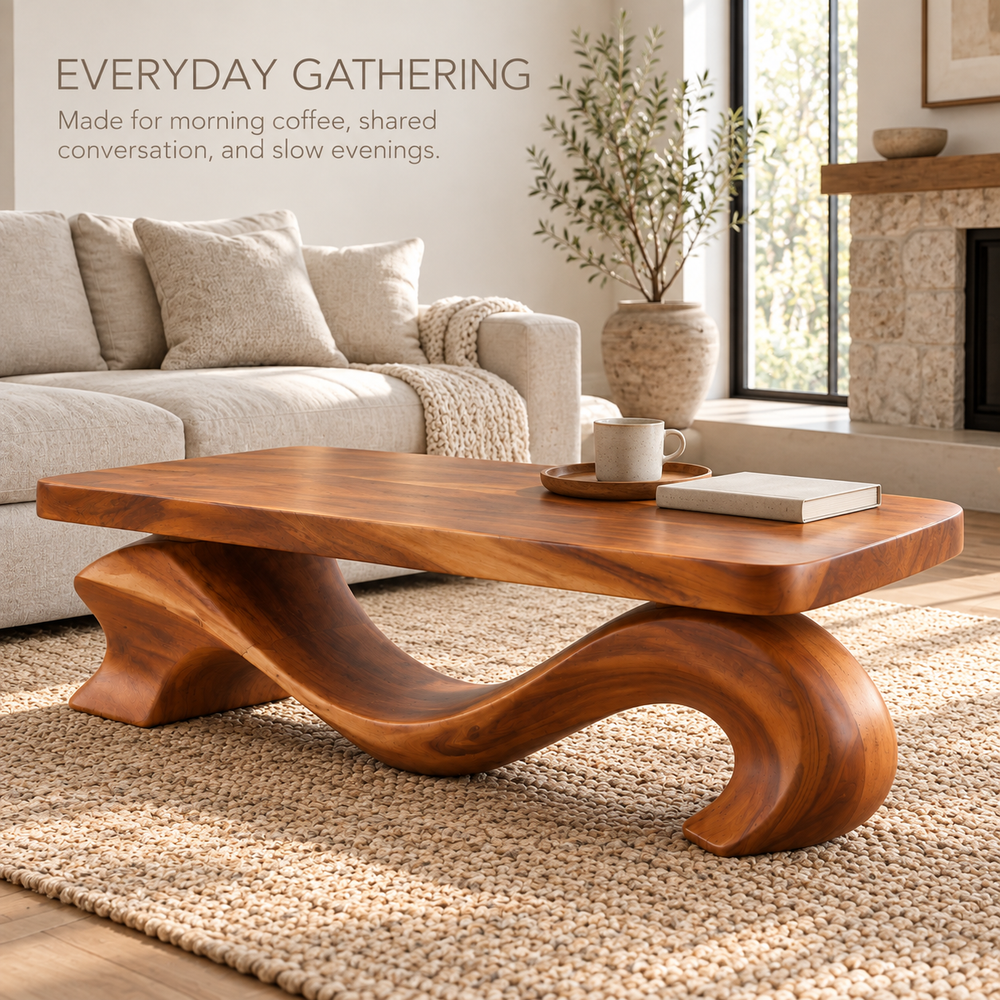 Brielle Sculptural Solid Wood Coffee Table - Design 345 - product detail and styling view 6