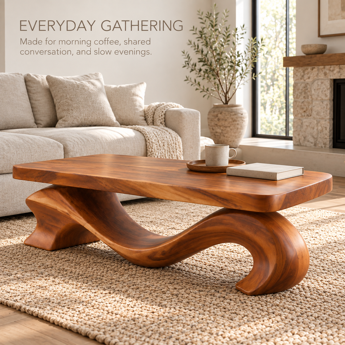 Brielle Sculptural Solid Wood Coffee Table - Design 345 - product detail and styling view 6