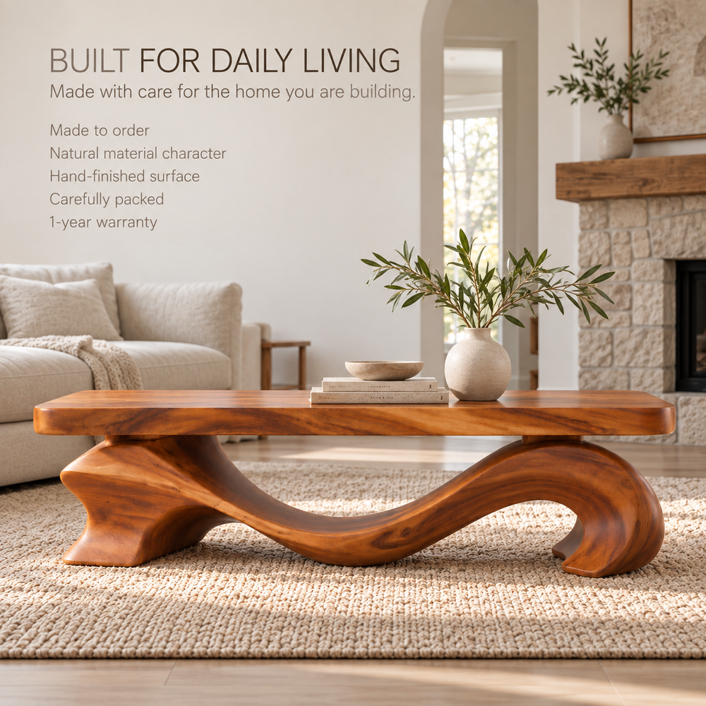 Brielle Sculptural Solid Wood Coffee Table - Design 345 - product detail and styling view 8