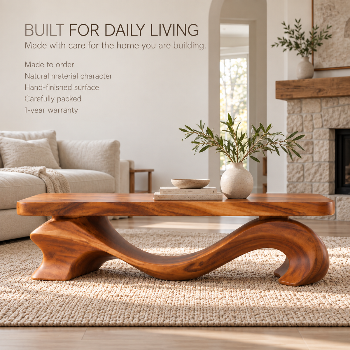 Brielle Sculptural Solid Wood Coffee Table - Design 345 - product detail and styling view 8