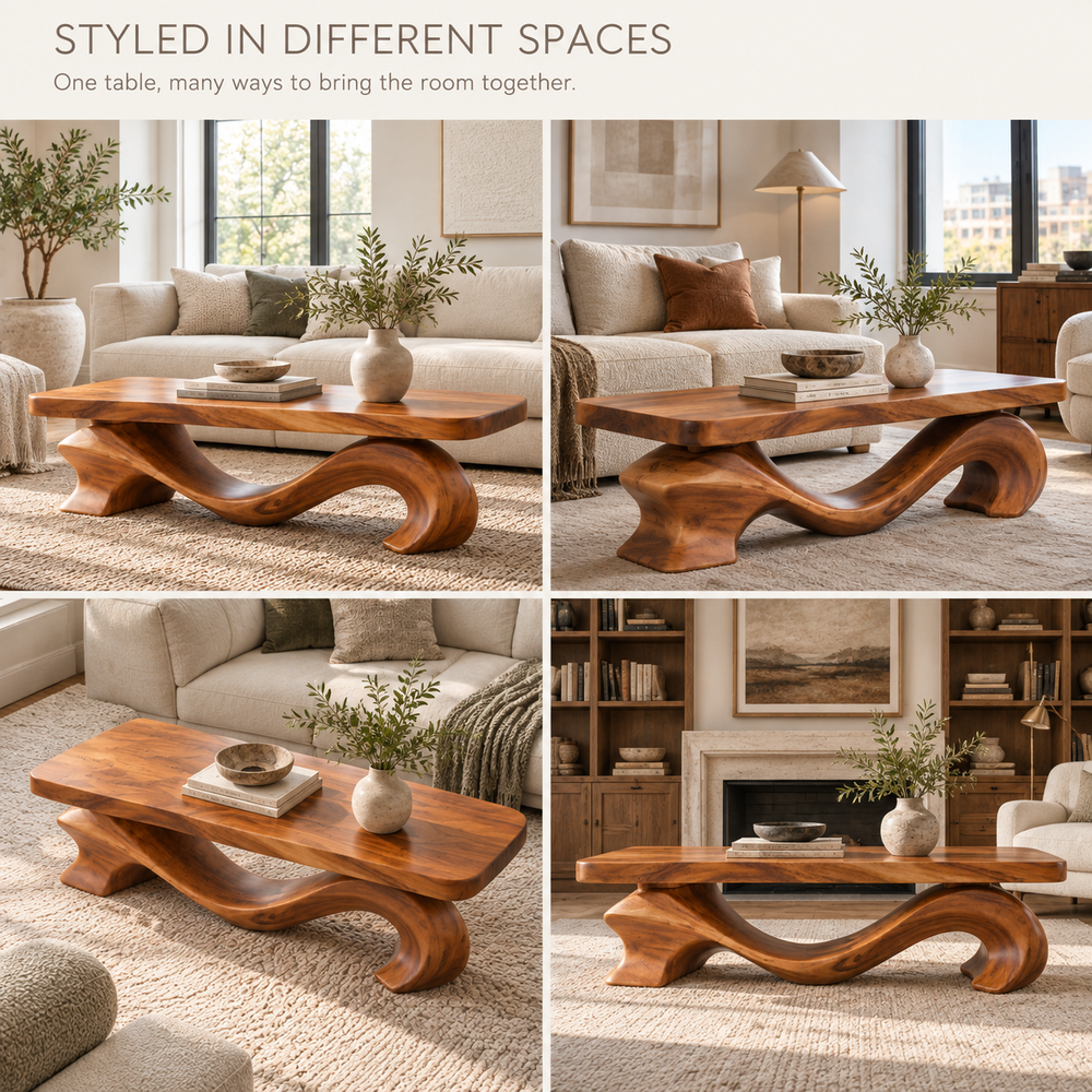 Brielle Sculptural Solid Wood Coffee Table - Design 345 - product detail and styling view 9