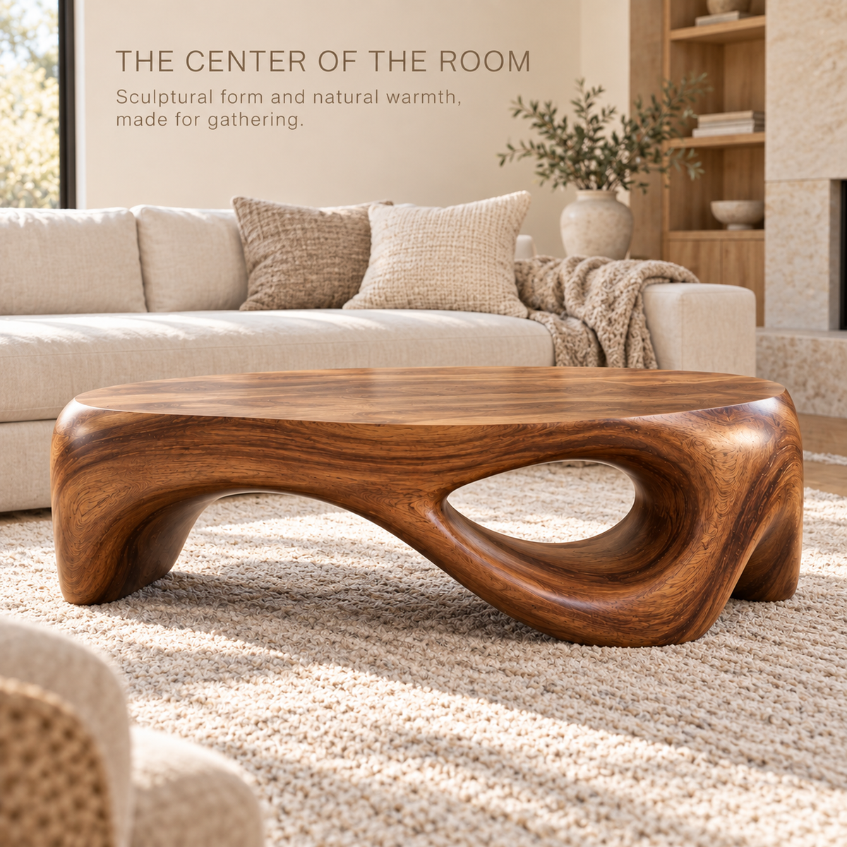 Orin Sculptural Solid Wood Coffee Table - Design 346 - main lifestyle view