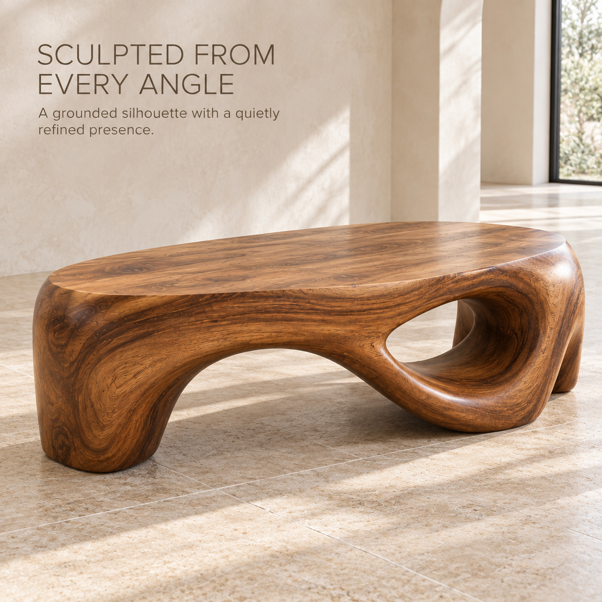 Orin Sculptural Solid Wood Coffee Table - Design 346 - product detail and styling view 2