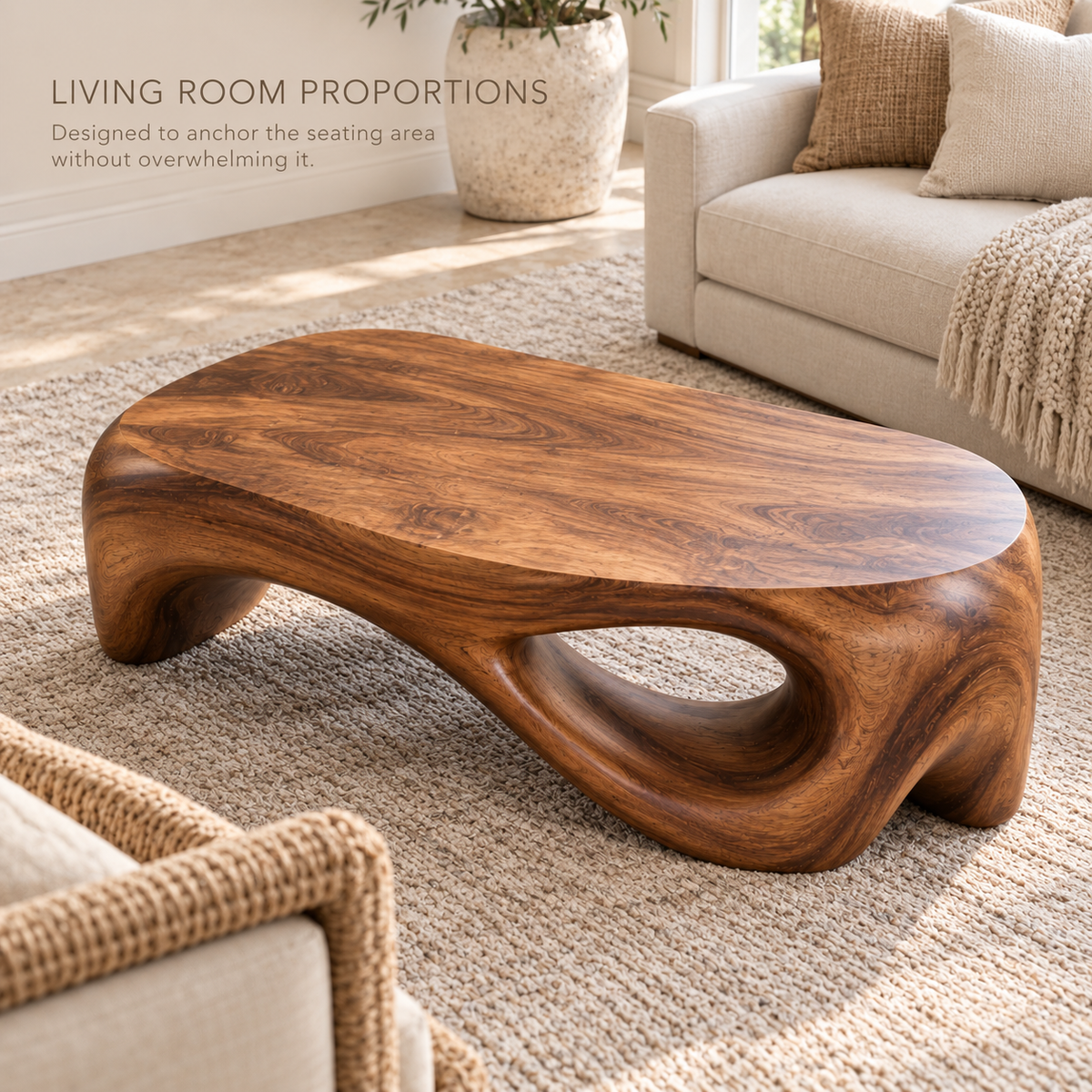 Orin Sculptural Solid Wood Coffee Table - Design 346 - product detail and styling view 3