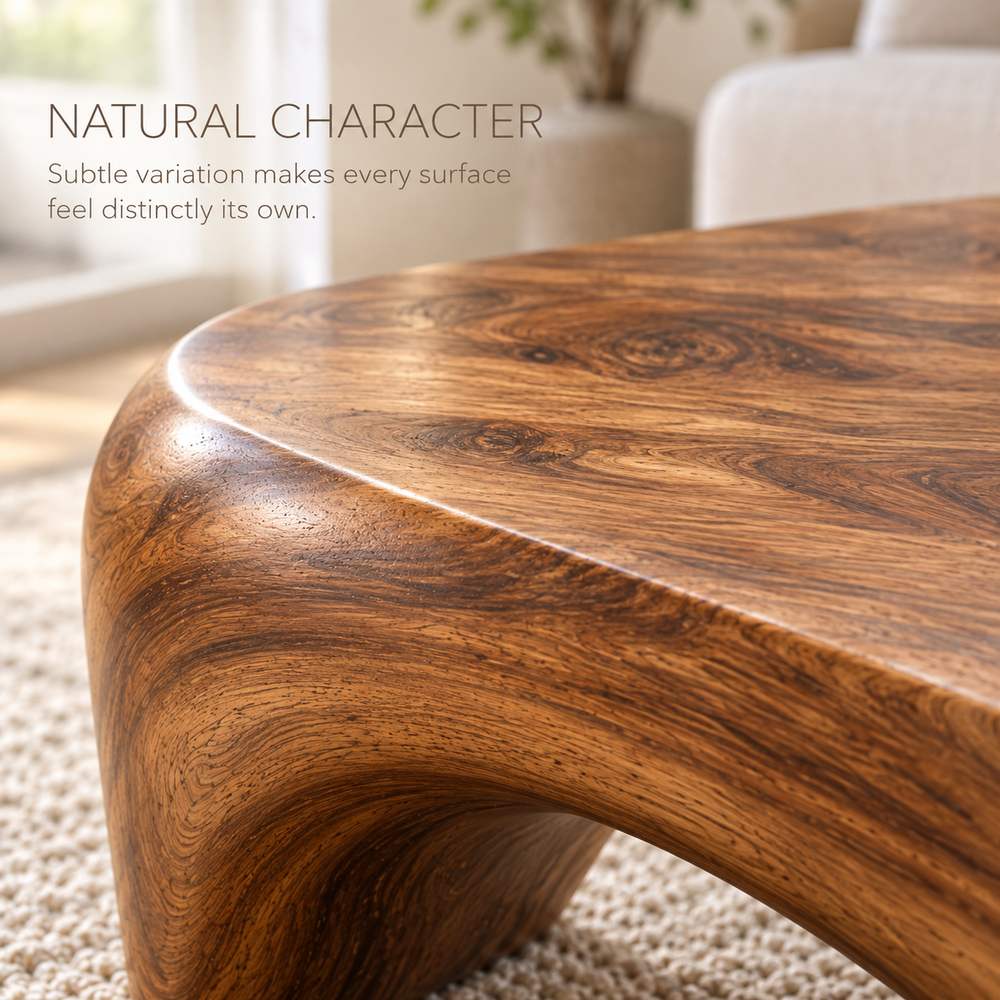 Orin Sculptural Solid Wood Coffee Table - Design 346 - product detail and styling view 4
